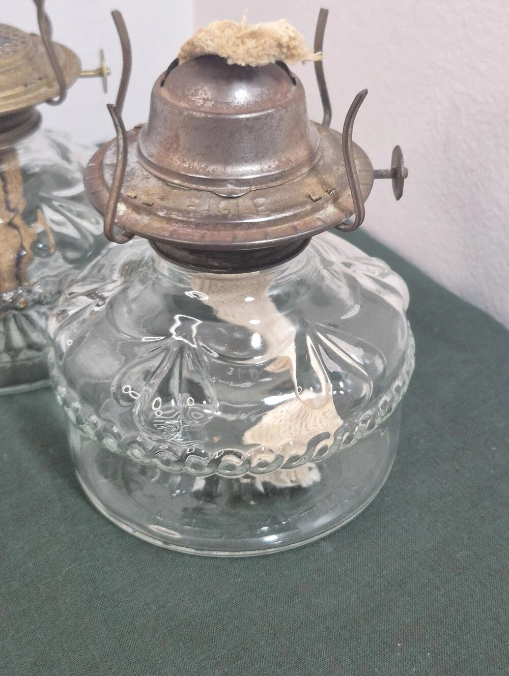 Pair of Vintage Glass Eagle Oil Lamps with Wicks